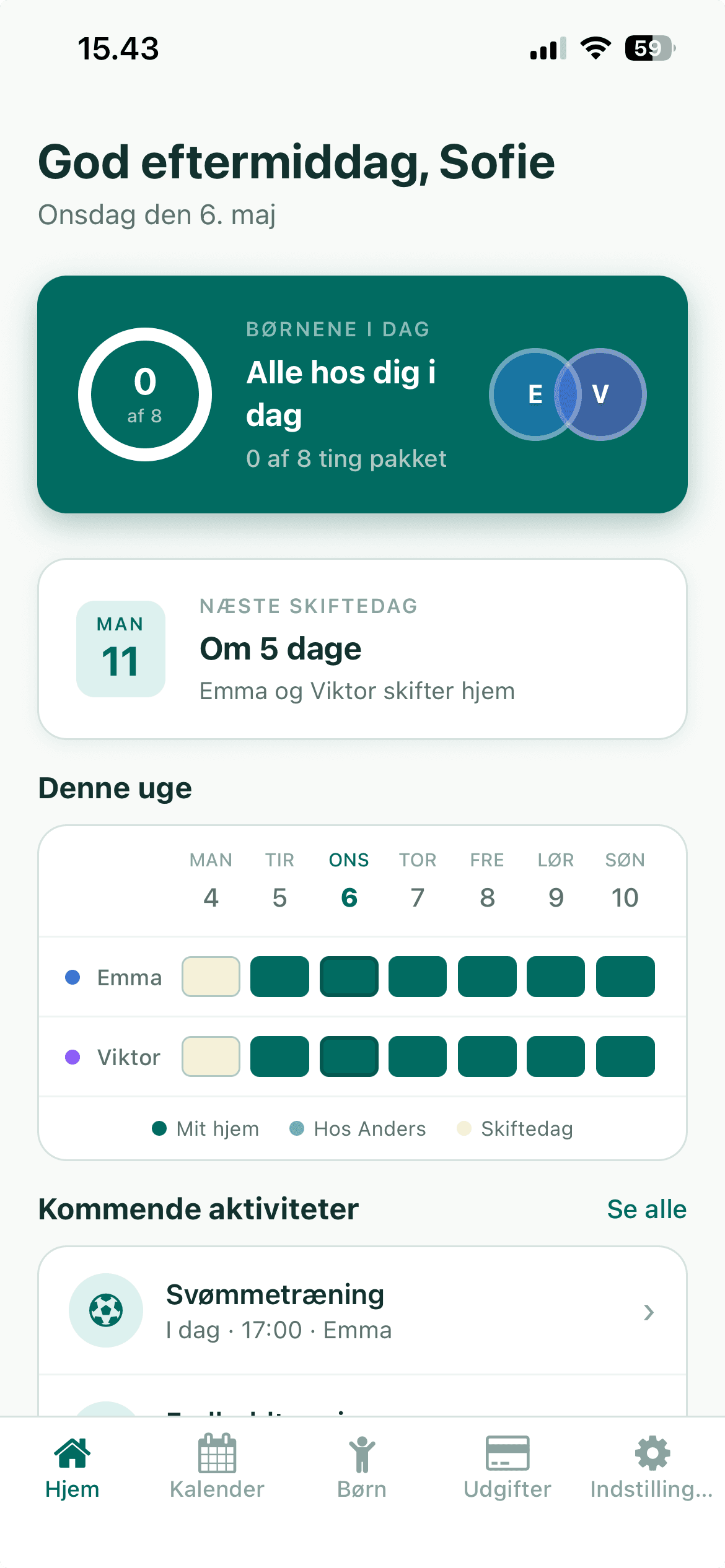 To Hjem-appens forside med overblik over skiftedage, aktiviteter og udgifter