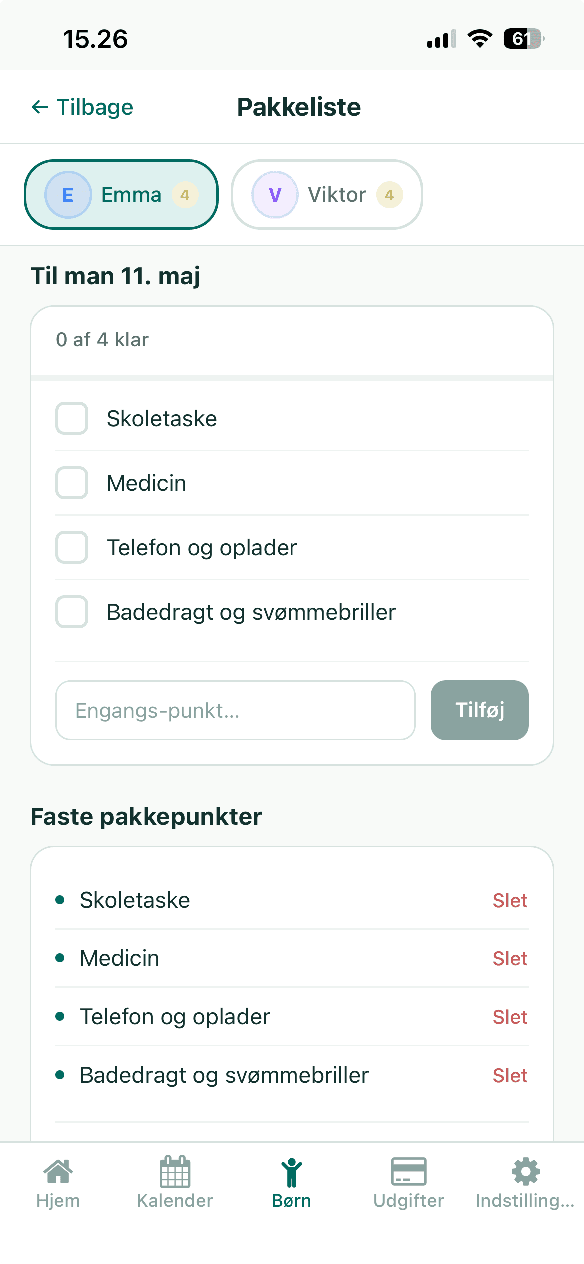 Pakkeliste i To Hjem-appen